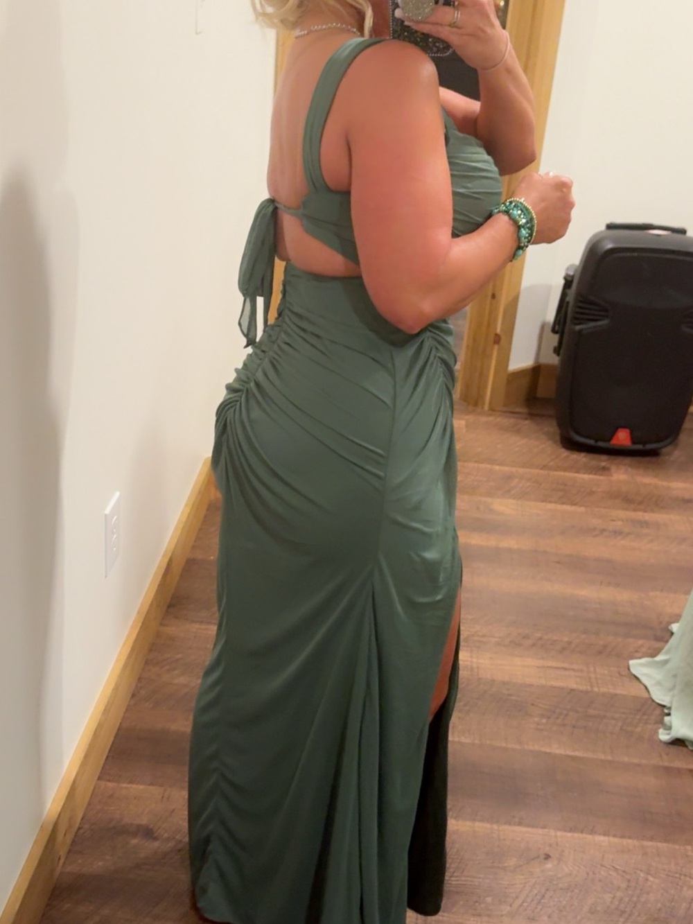 Azazie Olive Green Ruched Maxi Dress with Side Tie
